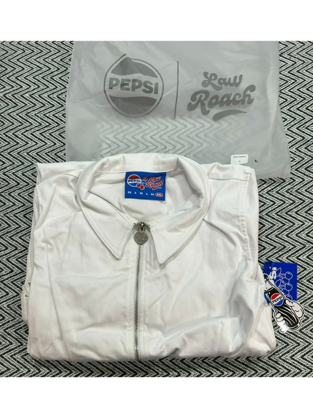 PEPSI x Law Roach Wild Cherry Collection White Denim Jumpsuit Flair Leg NWT - Picture 3 of 7
